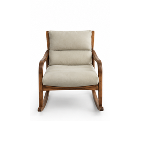 Silla Mecedora de Madera de Teca Sólida con Cojín Beige, Reposabrazos Curvos y Base de Madera para Muebles de Sala de Estar Interior - Product Image 2