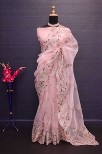 Sari de seda de Organza con hilo Zari codificación lentejuelas trabajo con pieza de blusa de seda saris de Organza puro para mujer ropa de fiesta de boda - Product Image 4