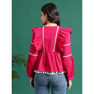 Hauts à volants pour femmes, col en V rose, style vintage, en popeline brodée, tricotés, tailles XS à XL, pour le printemps et l'automne - Product Image 3