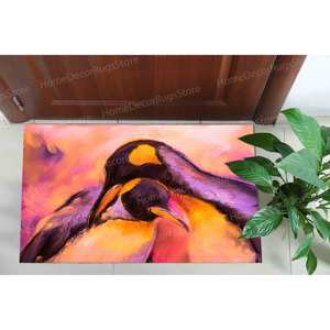 Tapis imprimé avec peinture pastel de pingouins - Petit tapis abstrait avec animaux, tapis gobelin - Product Image 1