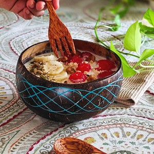 La mejor opción para acampar en verano, cuenco desechable ecológico para batidos de madera de coco, patrón de onda azul tallado, bandeja segura para alimentos - Product Image 3