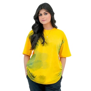 Camiseta amarilla de gran tamaño para mujer, Camiseta con estampado de hojas de algodón 100% para mujer, nueva camiseta de moda, Ideal para uso diario y de vacaciones - Product Image 1