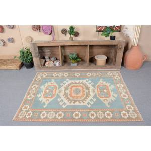 Tapis Kilim Turc Vintage 4.1X5.6 Ft Bleu Orange Patchwork Design Laine Matériau Latex pour Salon Couloir pour Adolescents - Product Image 4