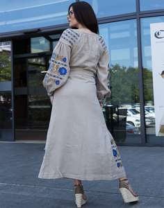 Elegante vestido de fiesta de manga larga bordado, longitud hasta el suelo, Floral, con cinturón - Product Image 3