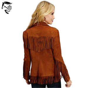 Chaqueta de invierno de cuero genuino de vaquera occidental para mujer de estilo 2025, cierre de botón transpirable, flecos a rayas, ODM, OEM disponible - Product Image 4