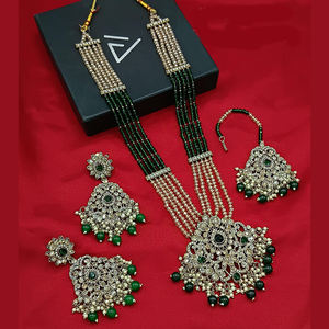 Lujoso conjunto de collar largo chapado en oro adornado con piedra austriaca brillante y perlas elegantes joyería étnica india tradicional - Product Image 3