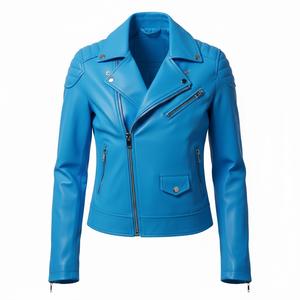 Veste de moto en cuir bleu de luxe pour femmes, personnalisation de la marque, vente en gros en vrac, prix d'usine, style motard authentique, mode féminine - Product Image 2
