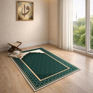 Mimoza Turkish Islamic Green Velvet Bamboo Prayer Mat <b>Rug</b> Sejadah Embossed <b>Thin</b> Padded Anti-Bacteria PET Friendly Custom Sizes - Product Image 1