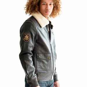 Men's Genuine Leather Aviator Jacket Winter Flight Bomber Jacket with Removable <b>Fur</b> Collar Vintage Sheepskin Tactical Pilot Coat - Product Image 2