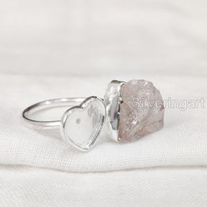 Joyería de piedra en bruto, anillo para mujer, piedra preciosa de cuarzo rosa crudo Natural, piedra natal de abril, anillo ajustable con corazón, anillo de Plata de Ley 925 - Product Image 1