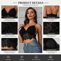 Débardeur court OEM noir en dentelle pour femme, col en V profond, bretelles spaghetti, ourlet festonné, marque privée