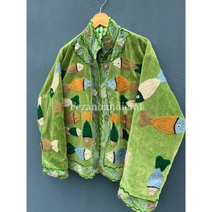 Autumn Unisex Handmade BoHo Hippie Short Coat Winter <b>Jacket</b> Fish Embroidery <b>Velvet</b> Outer Cotton Lining Knitted Stand Party Wear - Product Image 4