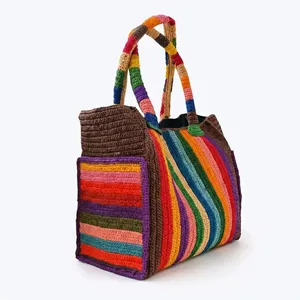 Striped <b>Raffia</b> Tote Bag Bohemian <b>Handbag</b> Water-Resistant Open Top Cotton Lining Portable for Spring Beach Travel Daily Use - Product Image 3