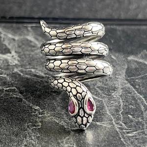 18K Gold-Plated Sterling <b>Silver</b> Gothic Animal Style <b>Adjustable</b> Wrap Snake <b>Ring</b> with Ruby Bezel Set Unisex Gift - Product Image 2