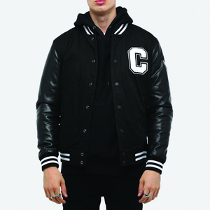 SINEWY SPORTS <b>Men's</b> Black Varsity <b>Jacket</b> PU Leather Sleeves Chenille Patch Embroidery Snap Button Closure Streetwear Autumn Wear - Product Image 2