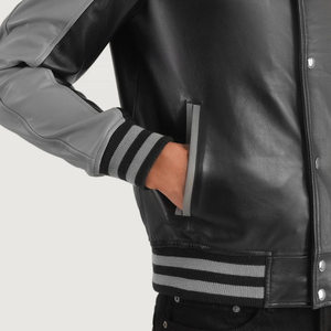 Concevez votre propre veste universitaire en cuir noir et gris de haute qualité veste Letterman d'université de logo de broderie personnalisée - Product Image 6