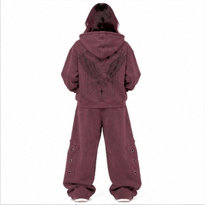 Conjunto Deportivo para Mujer Color Borgoña, Sudadera con Capucha y Cierre Externo, Pantalones Deportivos Holgados Tipo Cargo, Lavado, Talla XL, 100% Algodón, Estilo Casual de Dos Piezas - Product Image 2