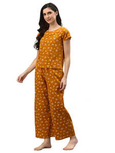Pyjama pour femmes en coton imprimé Bandhani à manches courtes, col rond, confortable, coupe décontractée, couleur moutarde - Product Image 6
