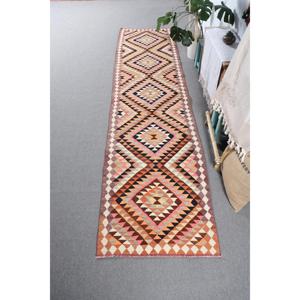 พรมคิลิมตุรกีขนาด 2.8x11.5 ฟุต ลายสัตว์สีน้ำตาล พรมวินเทจทำจากขนสัตว์ - Product Image 1