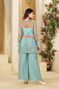 Costume de palazzo brodé bleu aqua élégant pour femme avec manches transparentes et imprimé fleuri pour occasions festives - Product Image 3