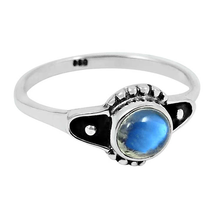 Wholesale Factory Price Fine Jewelry 925 Sterling Silver Natural Blue Fire Rainbow Moonstone Round Shape Ring for Woman & Girls