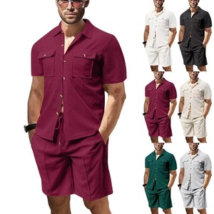 Summer new 2025 casual men Waffle solid color double pocket <b>cardigan</b> <b>short</b>-<b>sleeved</b> daily shirt <b>shorts</b> set - Product Image 1