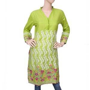Women's Embroidered Cotton <b>Kurti</b> - Light Green - Product Image 2