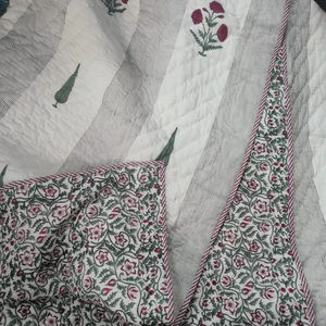 Hand Block Printed Reversible Cotton <b>Quilt</b> with Green Striped Cypress & Floral Motif | Lightweight <b>Bedding</b> Blanket | 90x108 inch - Product Image 4