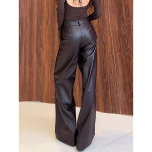 Pantalon en cuir PU marron pour femmes grandes tailles, taille haute, jambe droite, décontracté, longueur au sol, automne hiver, nouveau style - Product Image 4