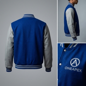 เสื้อแจ็คเก็ตขนสัตว์สีน้ำเงินรอยัลสำหรับผู้ชาย แขนเสื้อสีเทา โลโก้สั่งทำ คอปกและปลายแขนเสื้อถักแบบริบ ติดกระดุมด้านหน้า เสื้อผ้าสตรีทแวร์ระดับพรีเมียม สไตล์บอมเบอร์ - Product Image 5