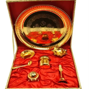 Chất lượng hàng đầu vật liệu đồng thau Tôn Giáo pooja thali Set với hộp nhung cho pooja và aarti có sẵn với giá cả hợp lý tại Ấn Độ - Product Image 1