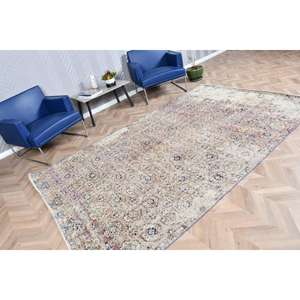 Alfombra vintage de 5.8x9.4 pies, alfombra turca grande, alfombra de lana con motivos de plantas y árboles azules - Product Image 2