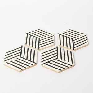 Elegant Modern <b>Black</b> White Striped Geometric Pattern Bone Inlay Hexagon Walnut <b>Coasters</b> Set Classic Style Decorative Drink Mats - Product Image 1