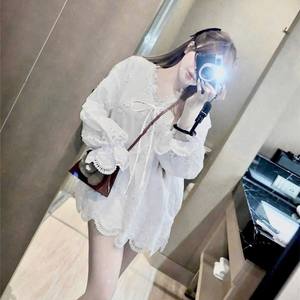 OEM White Embroidered Chiffon V Neck <b>Long</b> Sleeve <b>Women</b> Blouse - Product Image 5