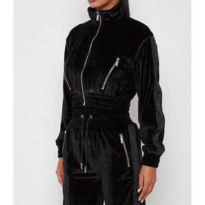 Chándal de Terciopelo Negro de Alta Calidad para Mujer, Bordado, con Diseño de Cremallera, Estilo Urbano, Top Corto, para Uso en Exteriores, Cómodo - Product Image 4
