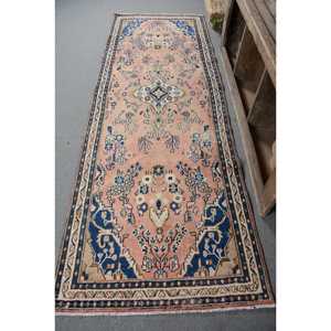 Traditional <b>Pink</b> Blue <b>Wool</b> Rug 3.5 X 10ft Vintage Turkish Large Area Rectangle Patchwork Abstract Latex for Hallway Use Room Rug - Product Image 1