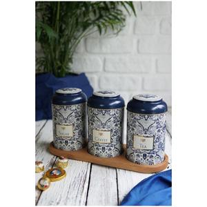 Juego de Cajas Redondas de Metal Kontensan, Diámetro 105 mm (3 Piezas), Diseño Decorativo con Patrón Azul y Blanco Inspirado en el Azulejo - Product Image 1