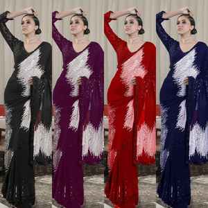 Sari de soirée élégant en georgette brodée, dernière tenue ethnique indienne, style designer, stock disponible, commandes en gros bienvenues - Product Image 5