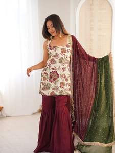 Women's New Heavy Natural Silk Georgette Embroidered Long <b>Kurti</b> and Plazzo Set Made in India - Product Image 4