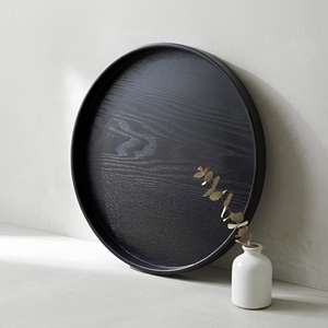 Plateau de service rond en bois massif noir, extra large, antidérapant, pour thé, café, collations, repas, cuisine, fête, bar, usage domestique - Product Image 1