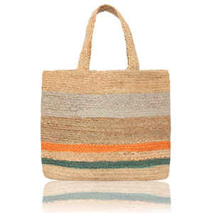 Bolso Tote de Yute a Rayas, Grande, para Playa o Compras, con Asa para el Hombro, en Colores Naranja y Verde Azulado Naturales - Product Image 1