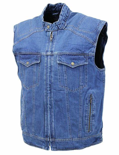 Dual snap-closure side pockets Durable reinforced shoulder area Vests Snap Black Denim and Black Leather Club Style Vest