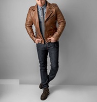 Veste moto en cuir véritable marron pour homme avec fermeture éclair, col rabattable, coupe ajustée, longueur normale, veste d'automne