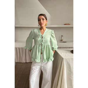 Chemise en lin pour femme avec nœud devant et détail volanté, couleur verte - Product Image 2