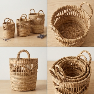 Ensemble de paniers en jacinthe d'eau et écorce de bananier naturelle, avec grille à lattes ouvertes, poignée tressée en arche, pour pot de fleurs, organisateur et décoration, Pure Art Desi - Product Image 2