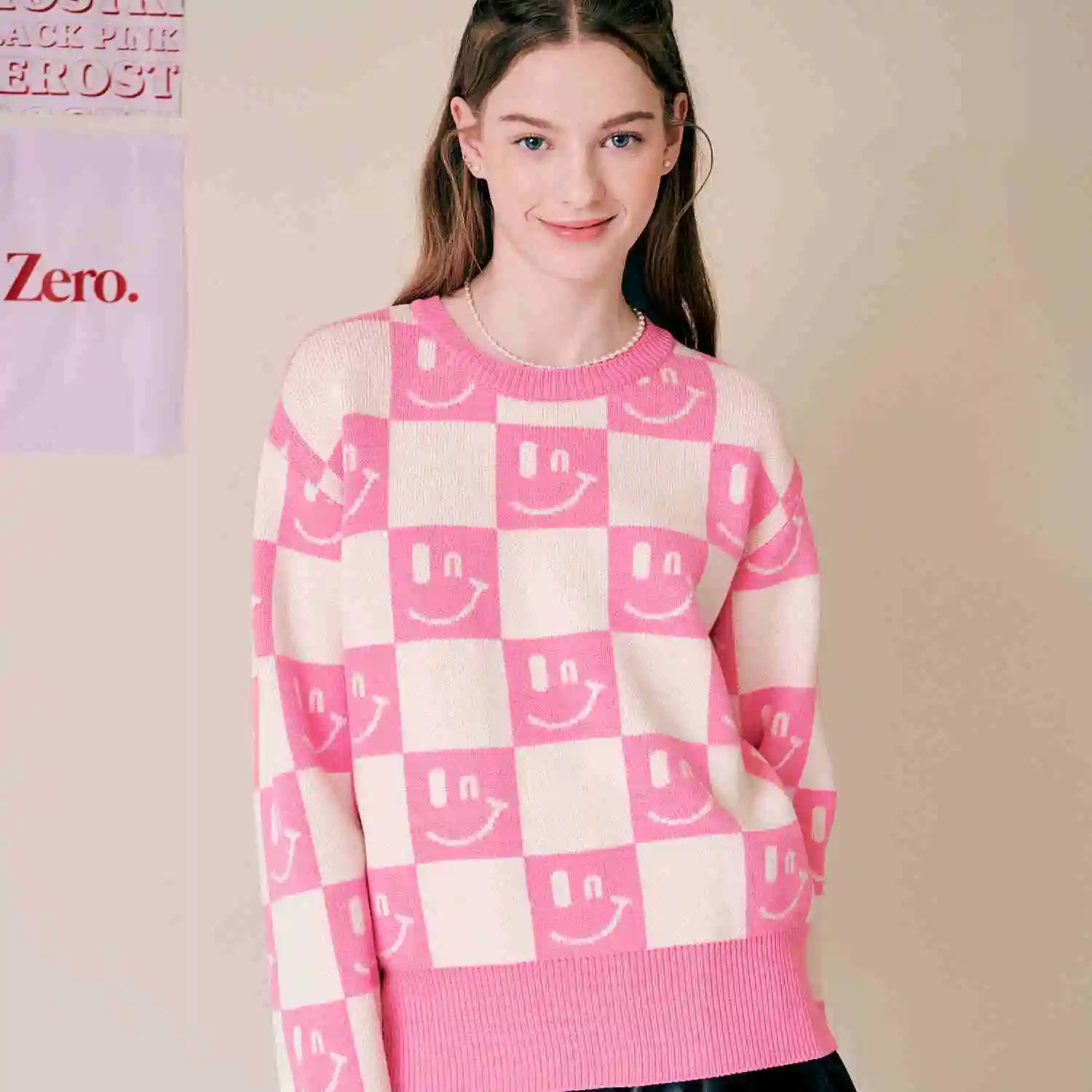 Fashion Korea pakaian sweter senyum PINK gratis