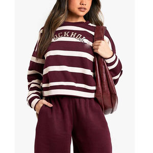 Sudadera Personalizada con Cuello Redondo y Hombros Caídos, Sudadera de Manga Larga para Mujer, Estampada a Rayas, Holgada, de Algodón - Product Image 4