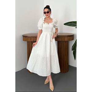 White Smocked Broderie <b>Dress</b> - White - Product Image 1