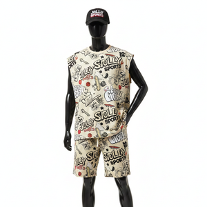 Womens sleeveless tshirt <b>and</b> <b>shorts</b> <b>set</b> premium cotton jersey 180 gsm beige black red all over print 100% Cotton Women's <b>Sets</b> - Product Image 1