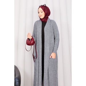 <span class=keywords><strong>Cardigan</strong></span> in Maglia con Collo <span class=keywords><strong>a</strong></span> Scialle e Treccia Grigia Casual per la Stagione Autunnale - Product Image 2